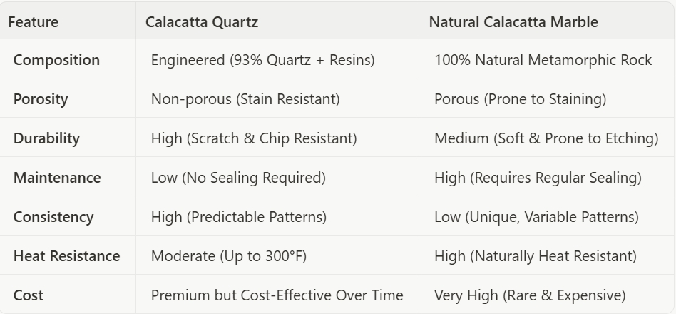 Calacatta quartz vs natural calacatta marble